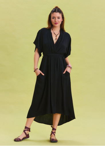 V Neck Gathered Detailed Black Casual Dress 4532